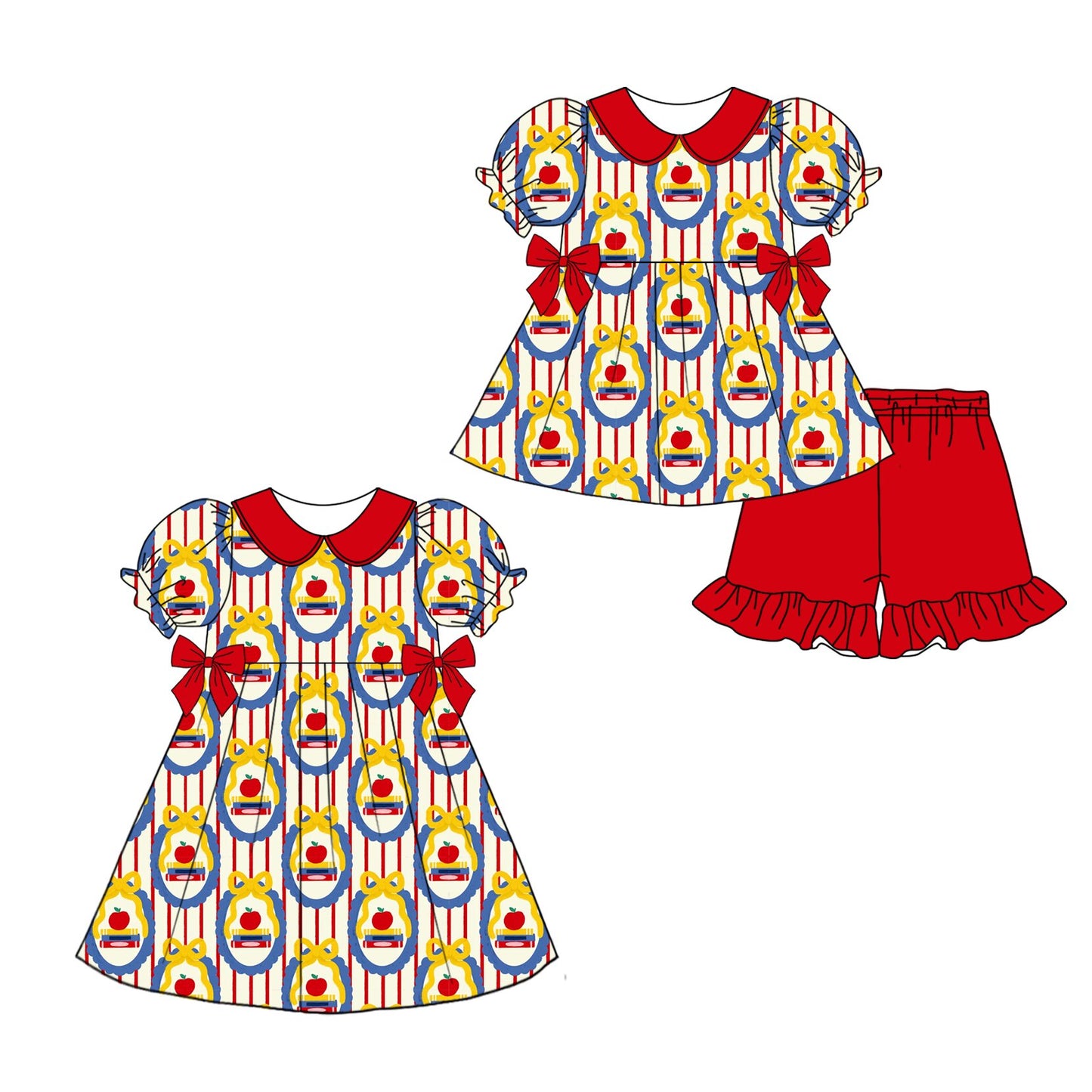26.1.24 custom each style moq 5 eta 6-8week Sibling Sister apple bow baby short sleeve shorts sets and dress match design