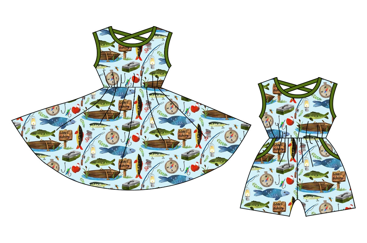 12.20 custom each style moq 5eta 4-6week Sibling Sister fish baby girl short sleeve shorts dress and jumpsuit match design
