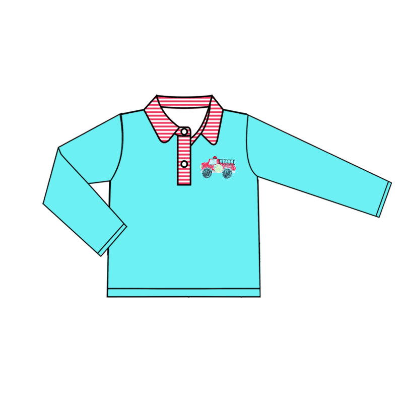 5.20custom each style moq 5eta 4-5week Sibling Sister truck prints cyan boys outfits and baby romper match family design