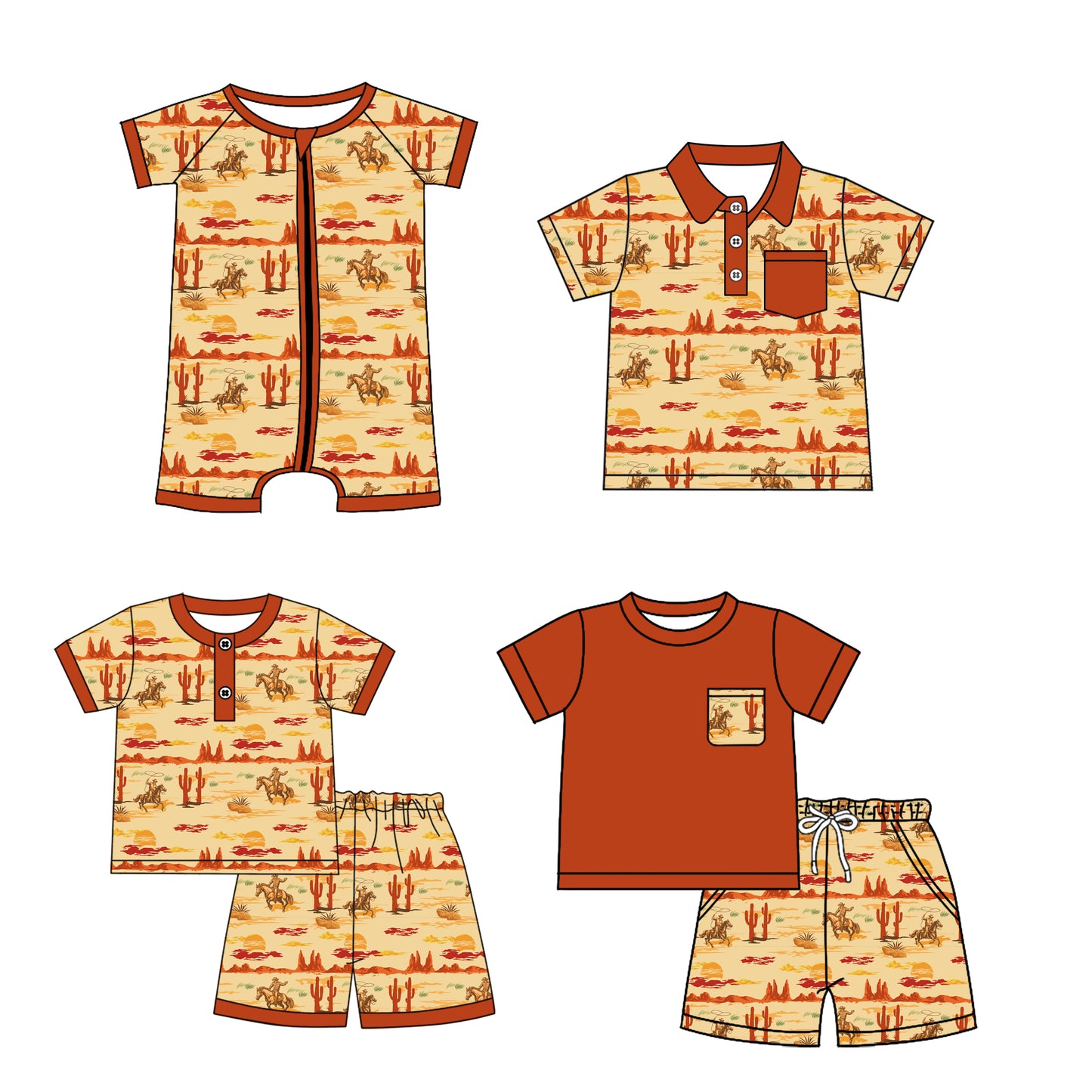4.21 custom each style moq 5eta 4-6week Sibling Sister Riding horse catcus baby boy sets 1 and sets 2 and boy rompers and top match family design