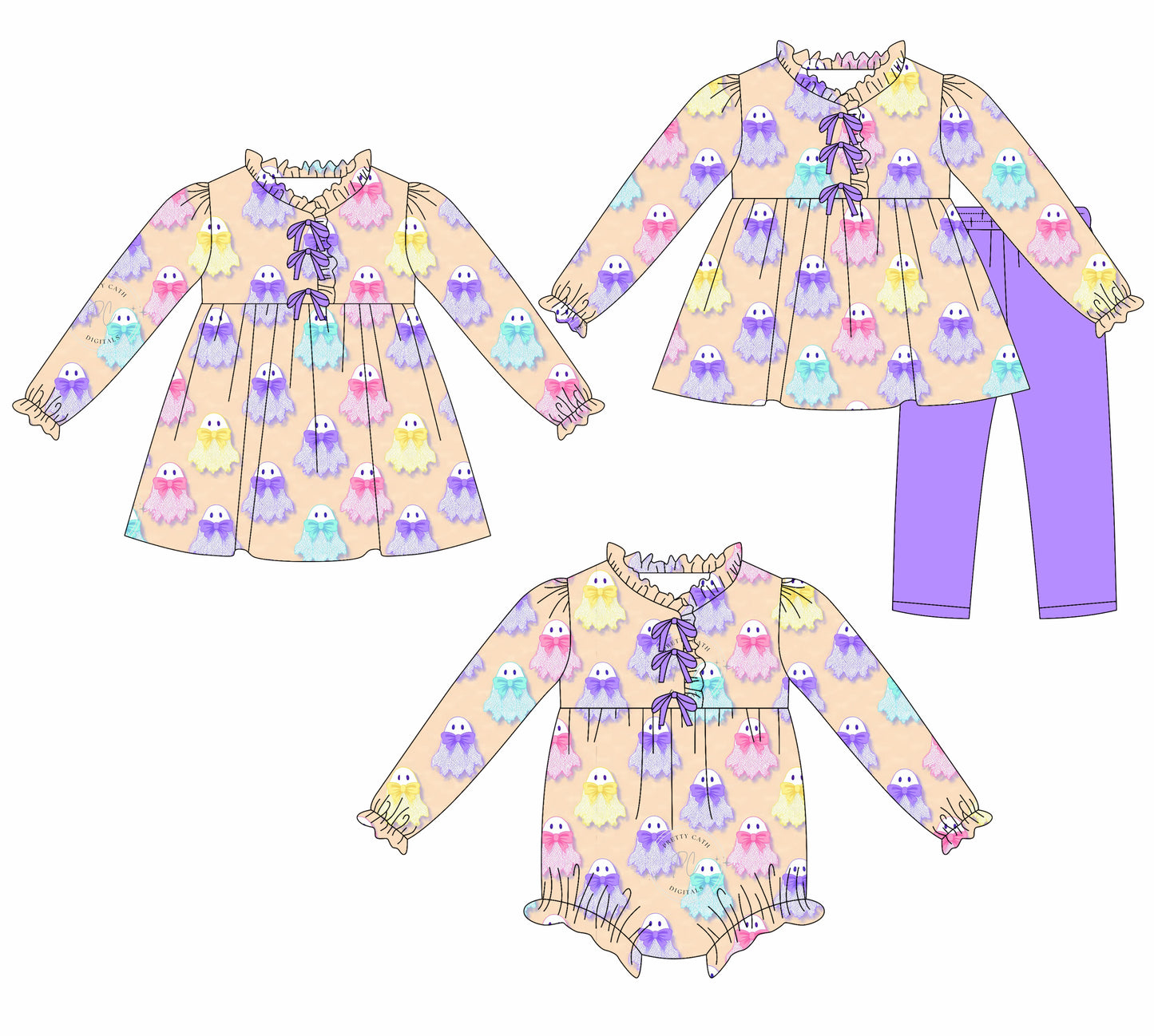 25.7.22 custom each style moq 5eta 4-6week Sibling Sisters ghost baby girl long sleeve pants sets and dress and rompers match family design