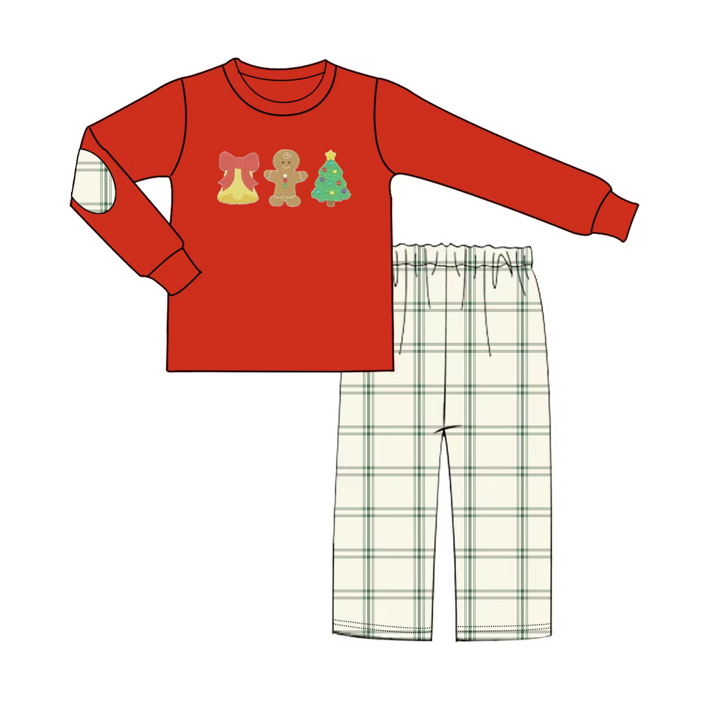 Custom moq 3 eta 6-8weeks Christmas Bell-Bear-Christmas Tree Red Long Sleeve Top Set