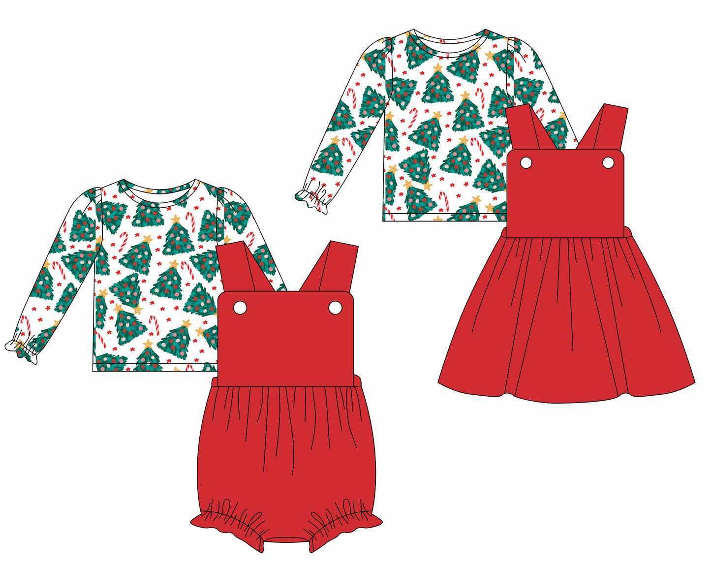 25.5.29 custom each style moq 5eta 4-6week Sibling Sisters Christmas trees baby girls short sleeve dress and short sleeve rompers and top 1 and top 2 match family design