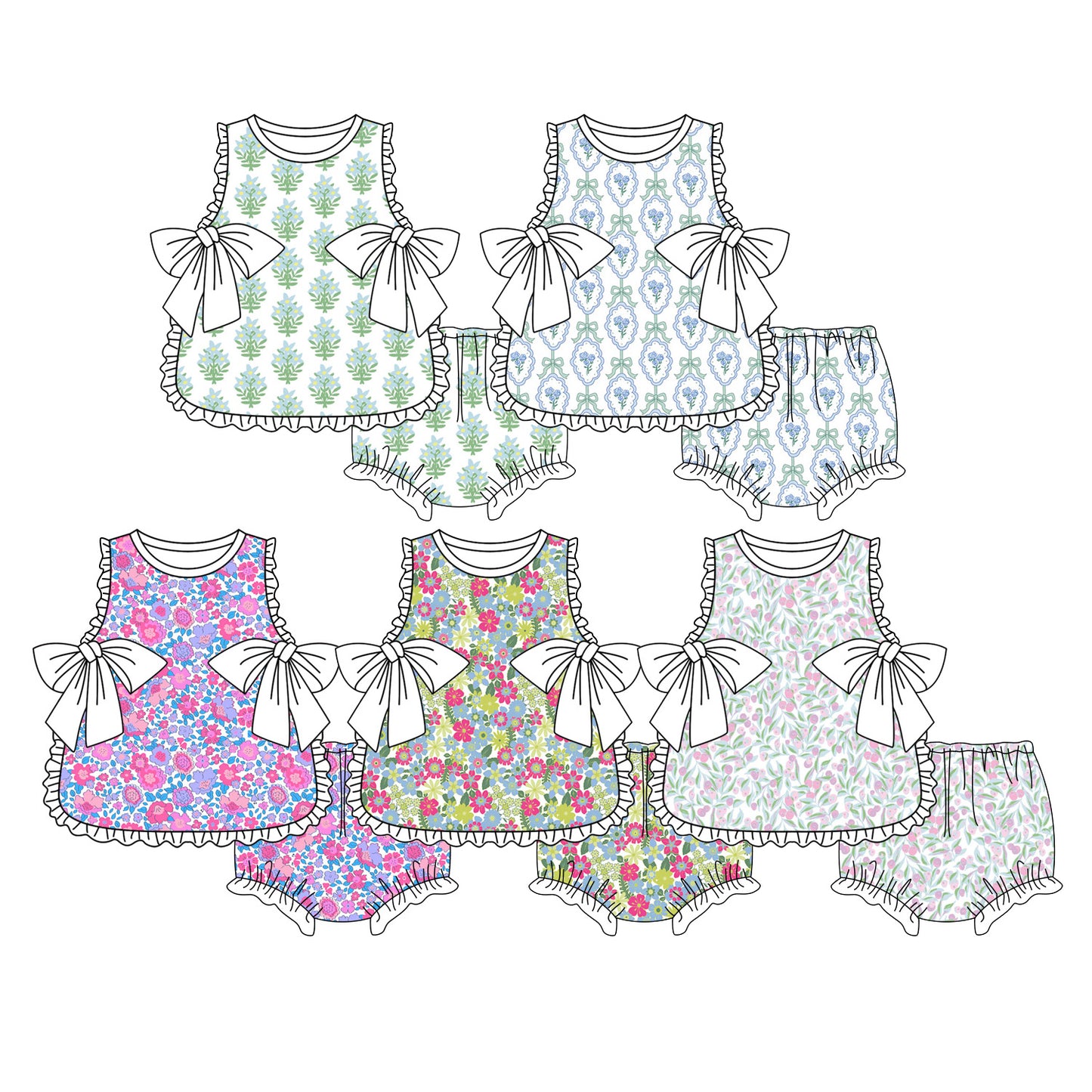 3.27 Custom moq 5 mix size Sibling Baby Girl's Flowers Sleeveless Top Bummie Clothes Sets