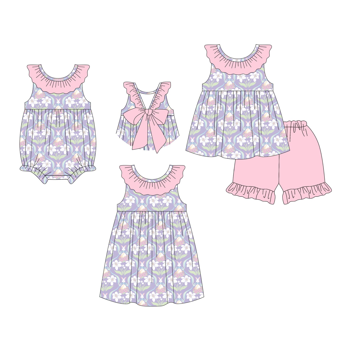 26.1.14 custom each style moq 5 eta 6-8week Sibling Sister floral baby short sleeve shorts sets and romper and dress match design