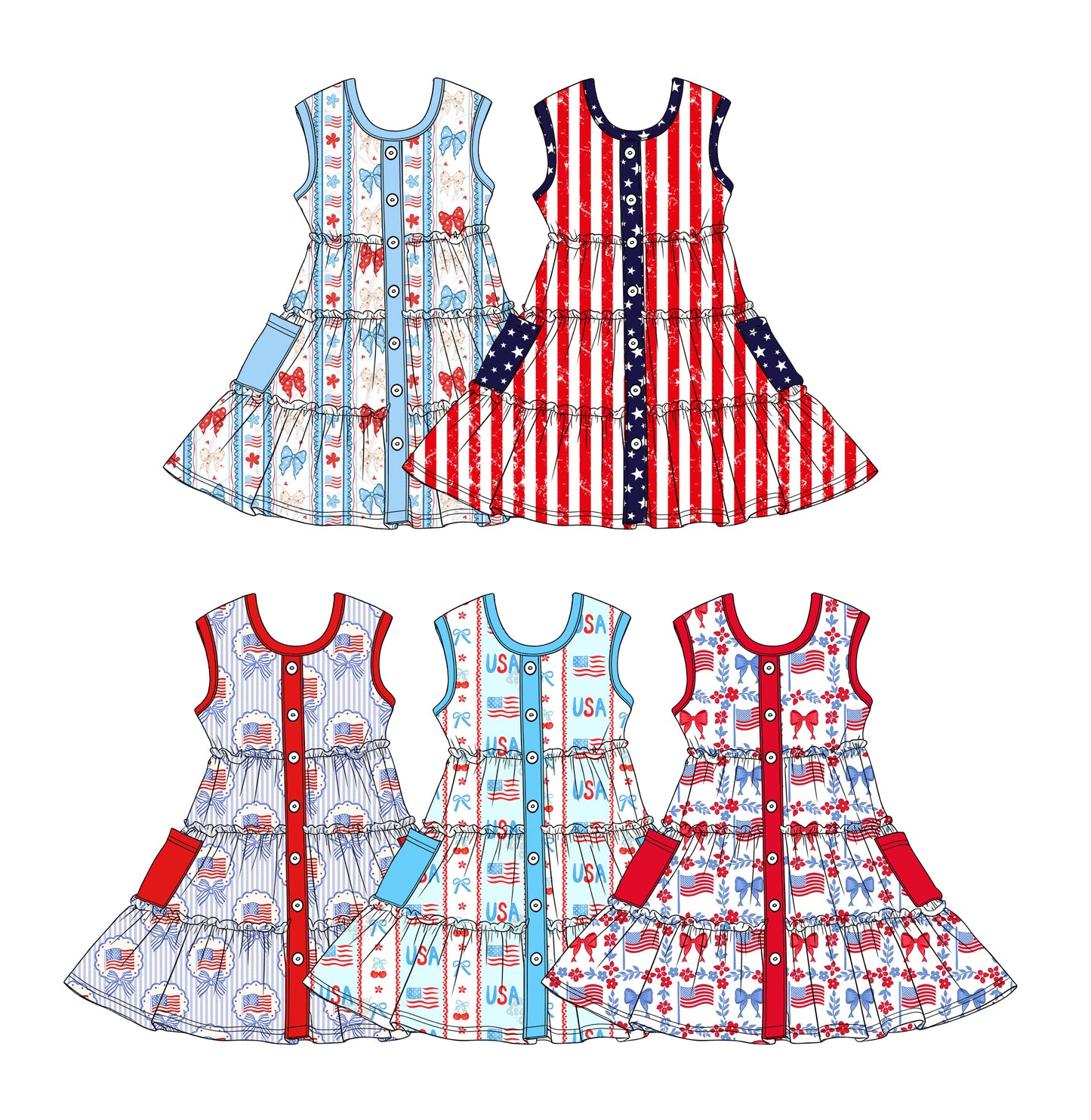 Custom moq 5 mix size Baby Girls Bow-Print Sleeveless Dress 4th of July Patriotic Clothing for Little Girls