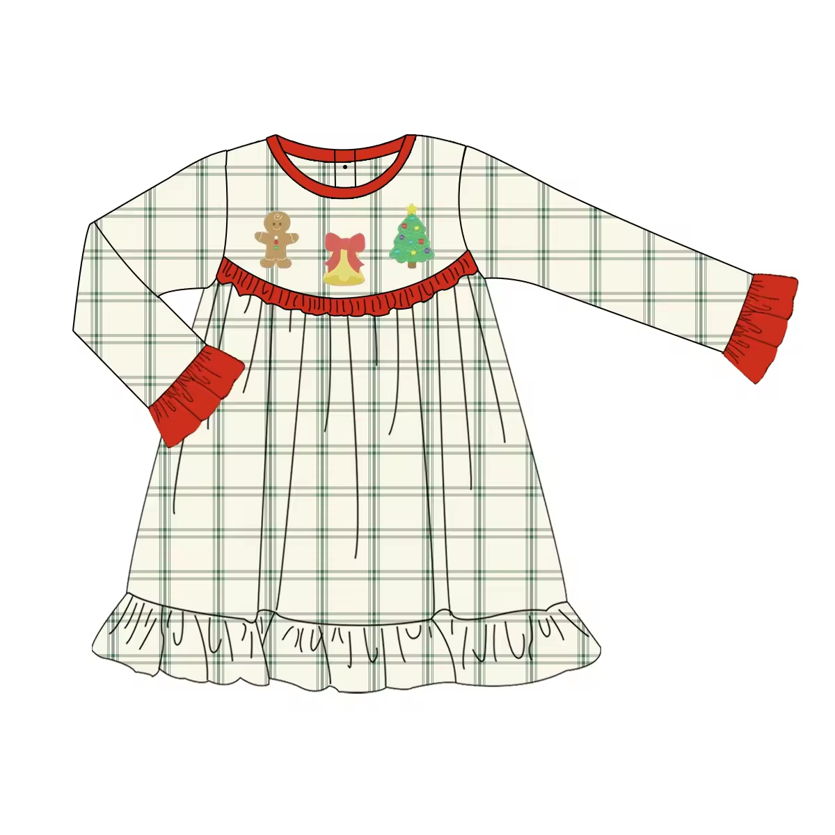 Custom moq 3 eta 6-8weeks Long Sleeve Christmas Bear-Bell-Christmas Tree Lace Cuff Green Plaid Maxi Dress