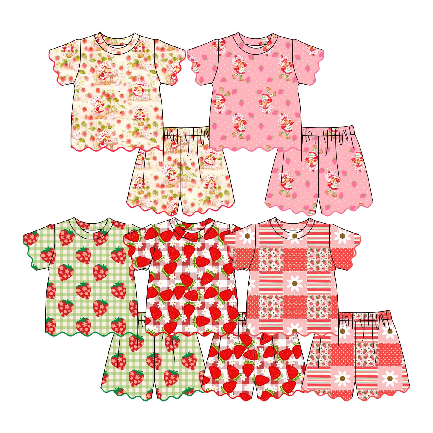 3.26 Custom moq 5 mix size Sibling Baby Girl Strawberry Scallop Short-Sleeved Top And Shorts Set Summer Outfit