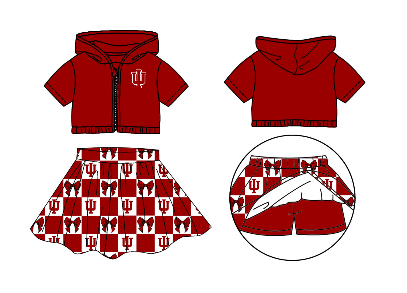 Custom moq 3 or 5 mix size milk silk summer teams baby girl clothes bow red zipper hooded short sleeve shorts skirts sets-26.1.21