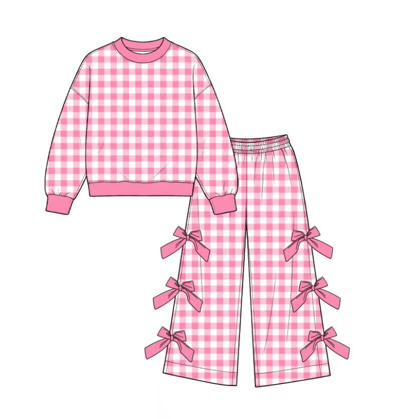 custom moq 5 mix size Toddler Girls Pink Gingham Long Sleeve Top And Bow Wide Leg Pants Outfit Set