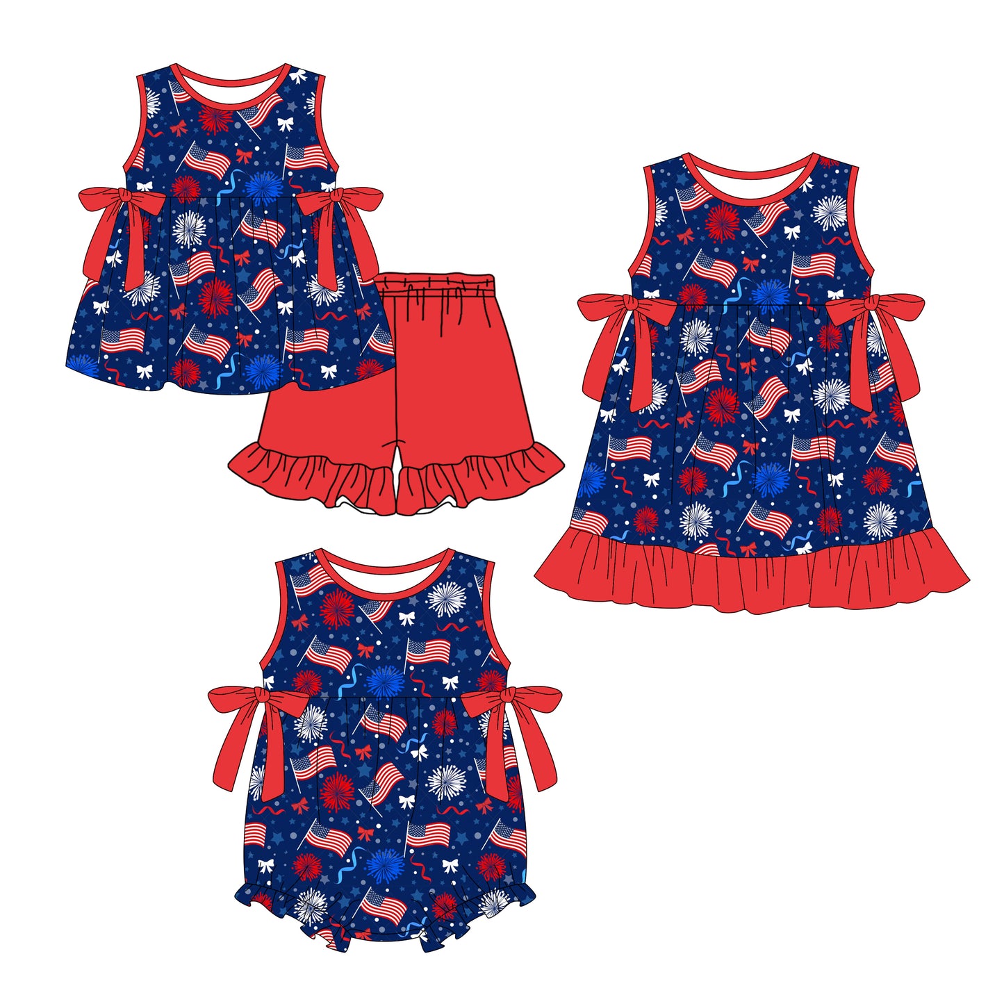 3.18 Custom moq 5 mix size Sibling Baby Girl's 4th of July Sleeveless Tunic Ruffle Shorts Set Cute Romper Dress for Summer
