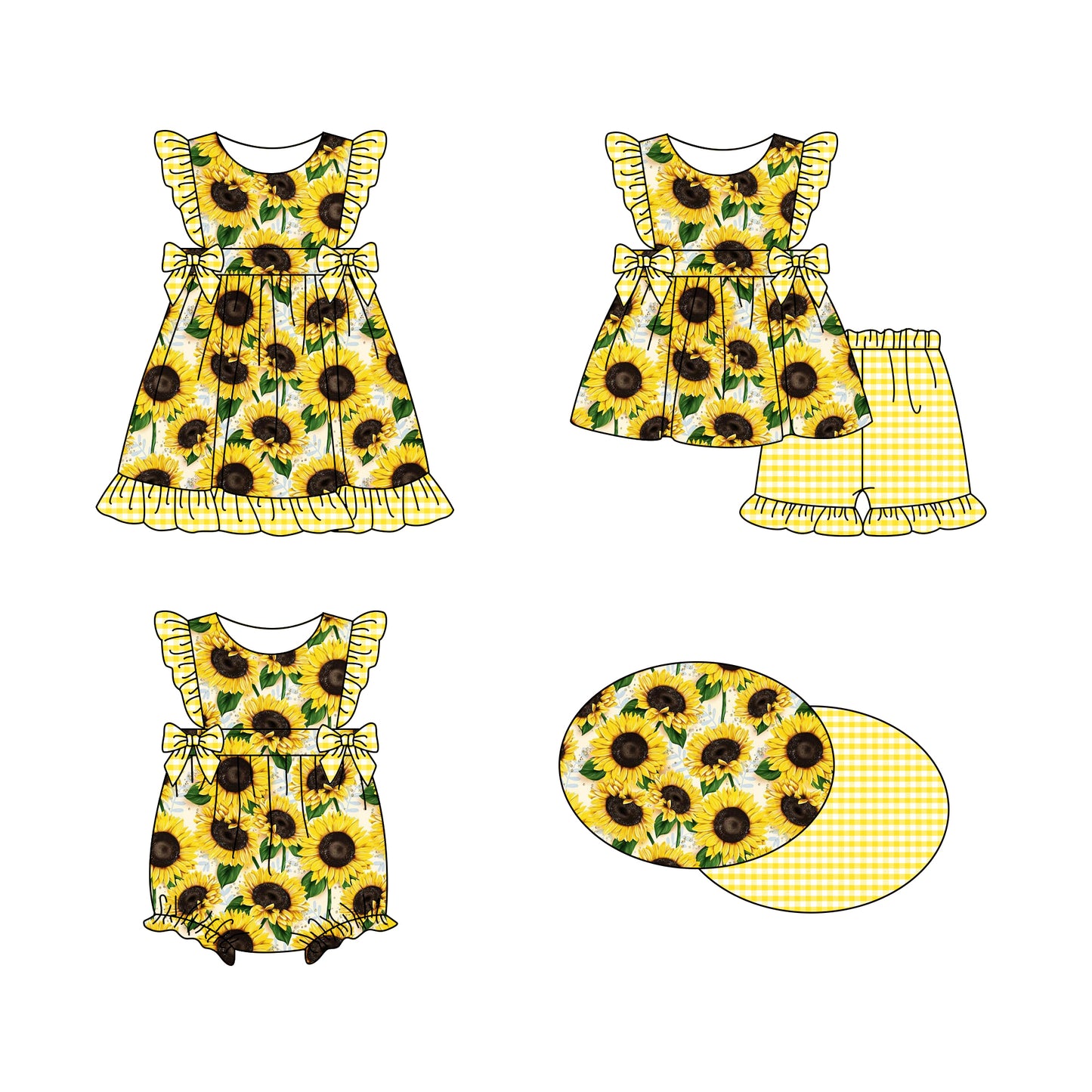 11.16 custom each style moq 5eta 4-6week Sibling Sister sunflower yellow baby girl short sleeve shorts sets and dress and rompers match family design