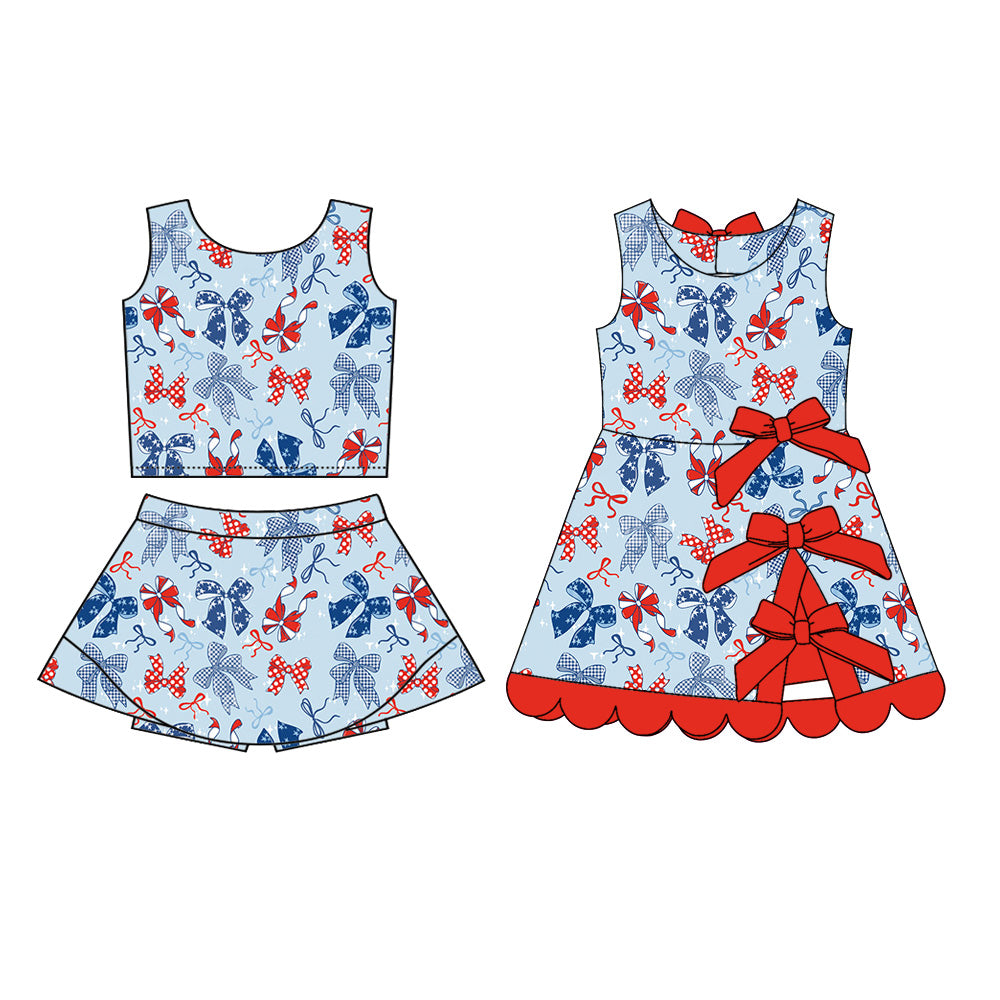 3.4 Custom moq 5 mix size Sibling Baby Girls 4th of July Bow Sleeveless Top And Skirt Sets Dress Yoga Outfit