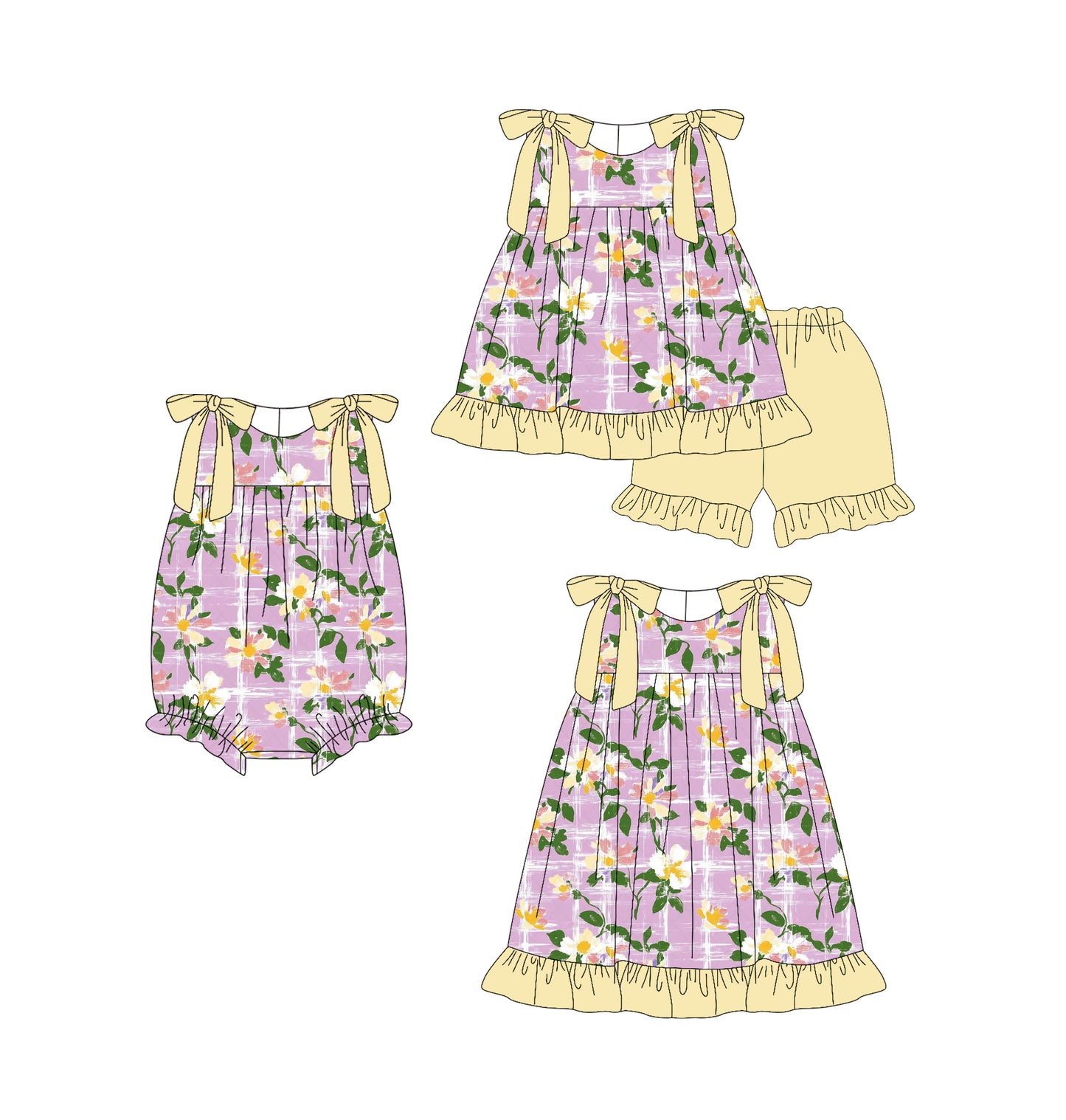 4.15 custom each style moq 5eta 4-6week Sibling Sisters floral baby girl short sleeve shorts sets and dress and rompers match family design