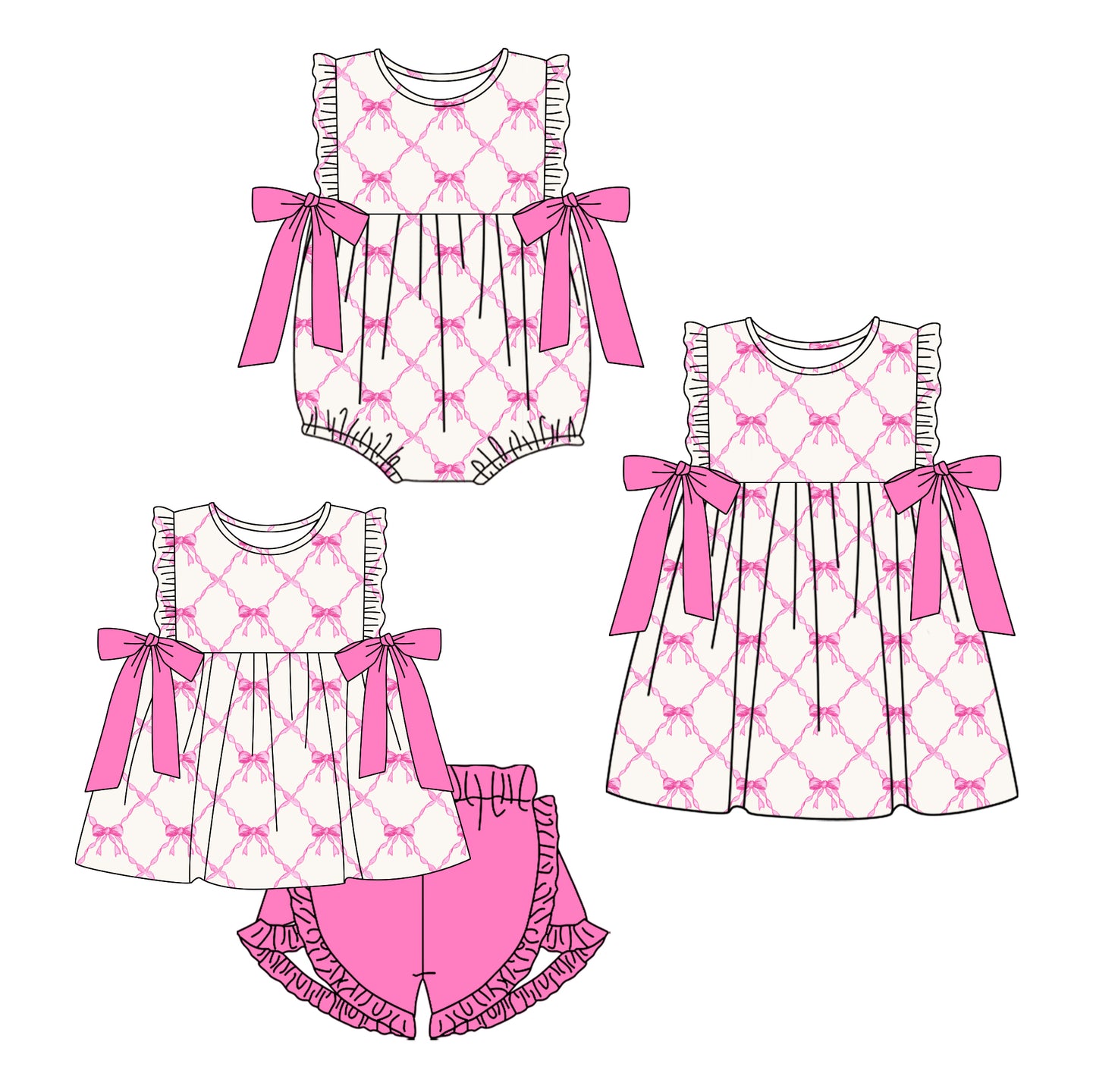 11.14 custom each style moq 5eta 4-6week Sibling Sister bow baby girl short sleeve shorts sets and dress and rompers match family design