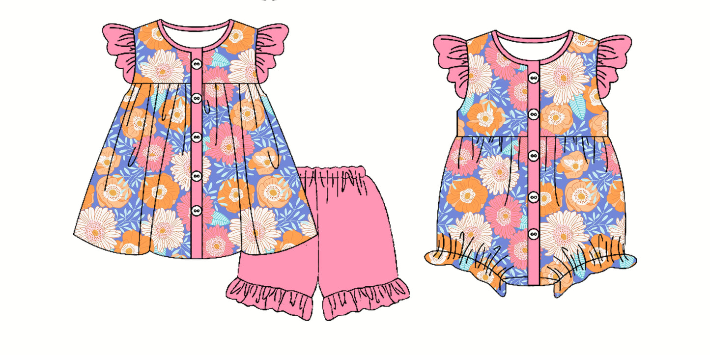 3.31 custom each style moq 5eta 4-6week Sibling Sister floral baby girl short sleeve shorts sets and romper match design