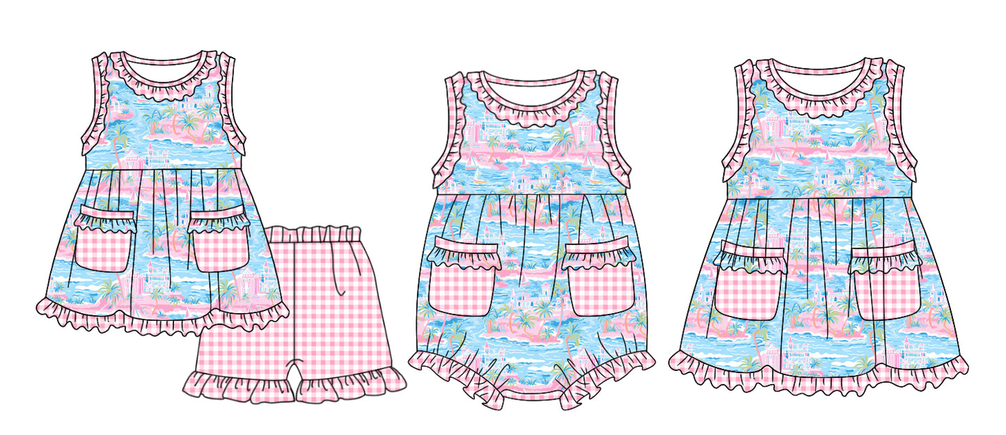 11.13 custom each style moq 5eta 4-6week Sibling Sister pattern baby girl short sleeve shorts sets and dress and rompers match family design