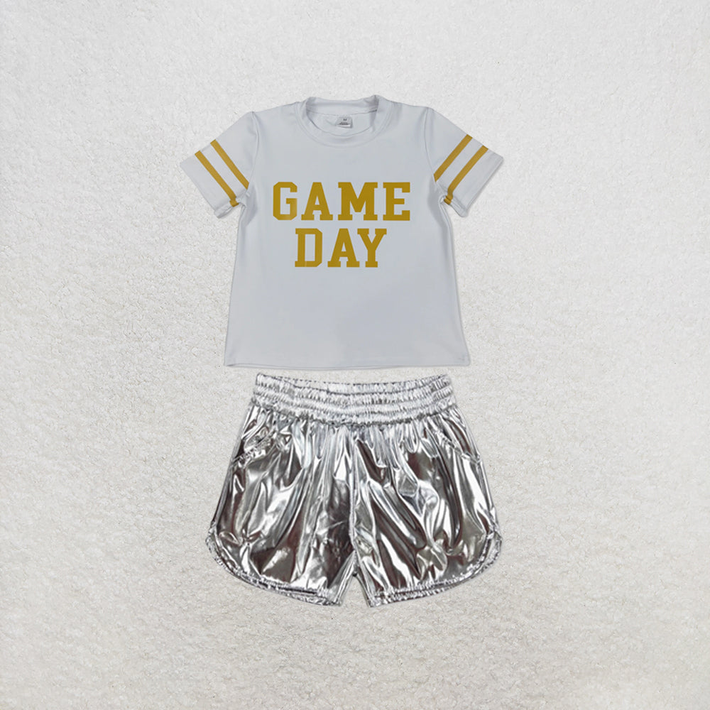 RTS NO MOQ Sibling yoga fabric Baby Girls Vinyl Yellow Game Day Print Top Matching Shorts Two Piece Team Active Clothes Set