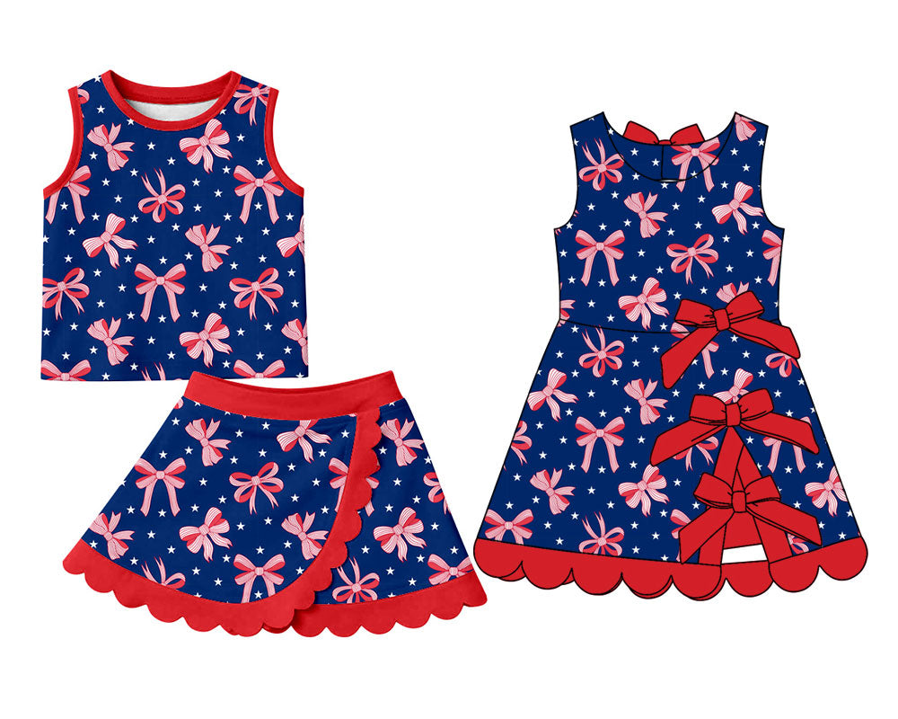 4.1 Custom moq 5 mix size Sibling Baby Girl's 4th of July Sleeveless Vest Scallop Skirt Short Yoga Active Set Yoga Active Scallop Bows Short Knee Length Dress