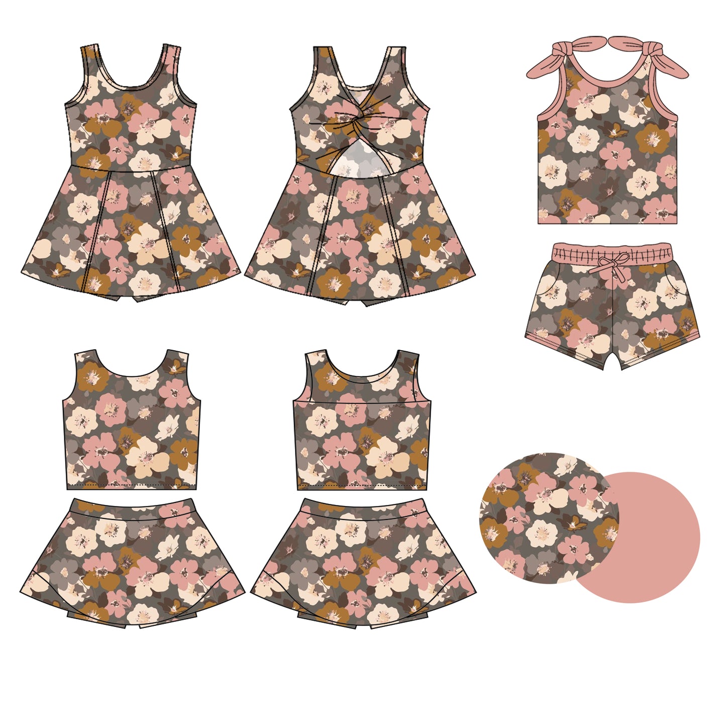 3.13 custom each style moq 5eta 4-6week Sibling Sister floral baby girls clothes Short Sleeve shorts sets and yoga dress 1 and dress 2 match family design