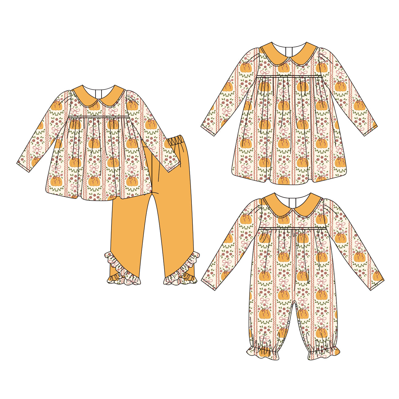 4.13 Custom moq 5 mix size Sibling Baby Girl's Pumpkin Bow Long-Sleeved Orange Pants Set Matching Romper And Dress Outfit Set