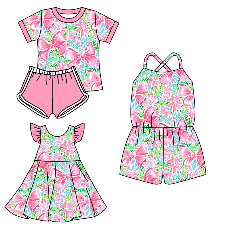 3.11 custom each style moq 5eta 4-6week Sibling Sisters bow floral baby girl short sleeve shorts sets and dress and jumpsuit match family design