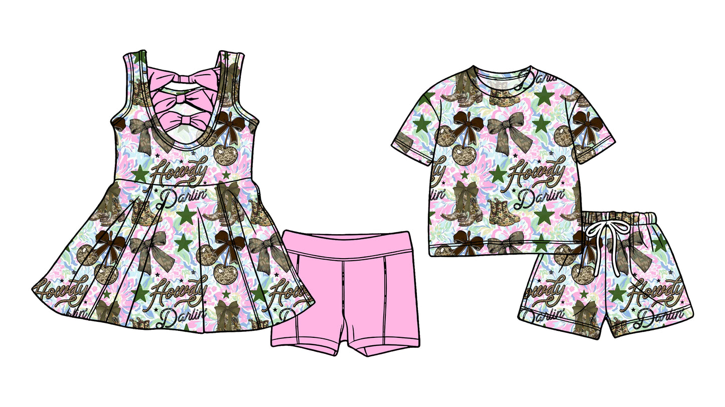 3.6 Custom moq 5 mix size Sibling Baby Girls Bow Camouflage Sleeveless Back Bows Tunic Shorts Matching Short-Sleeved Shorts Set