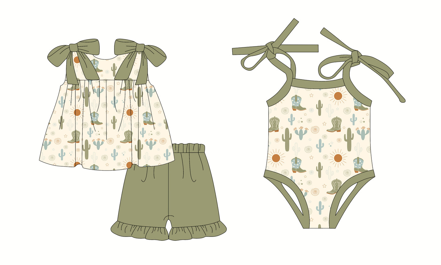 2.26 custom each style moq 5eta 4-6week Sibling Sister boot catcus baby girl short sleeve shorts sets and romper match design