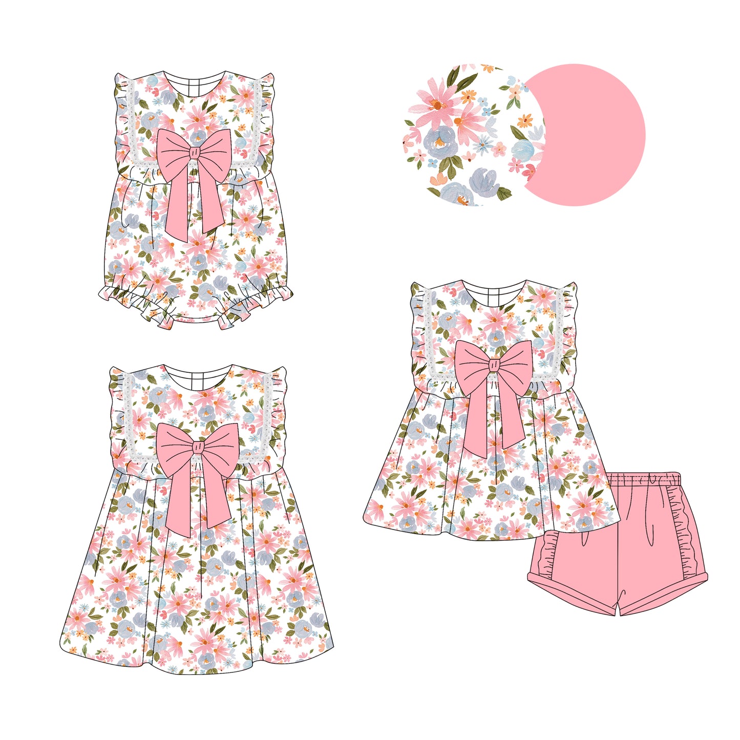 3.28 custom each style moq 5eta 4-6week Sibling Sisters floral baby girl short sleeve shorts sets and dress and rompers match family design