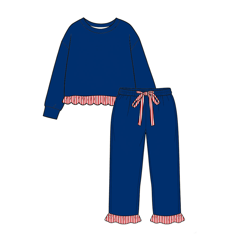 custom moq 5 mix size Baby Girls Navy Red Striped Ruffle Trim Long Sleeve Top And Drawstring Striped Ruffle Pants Set