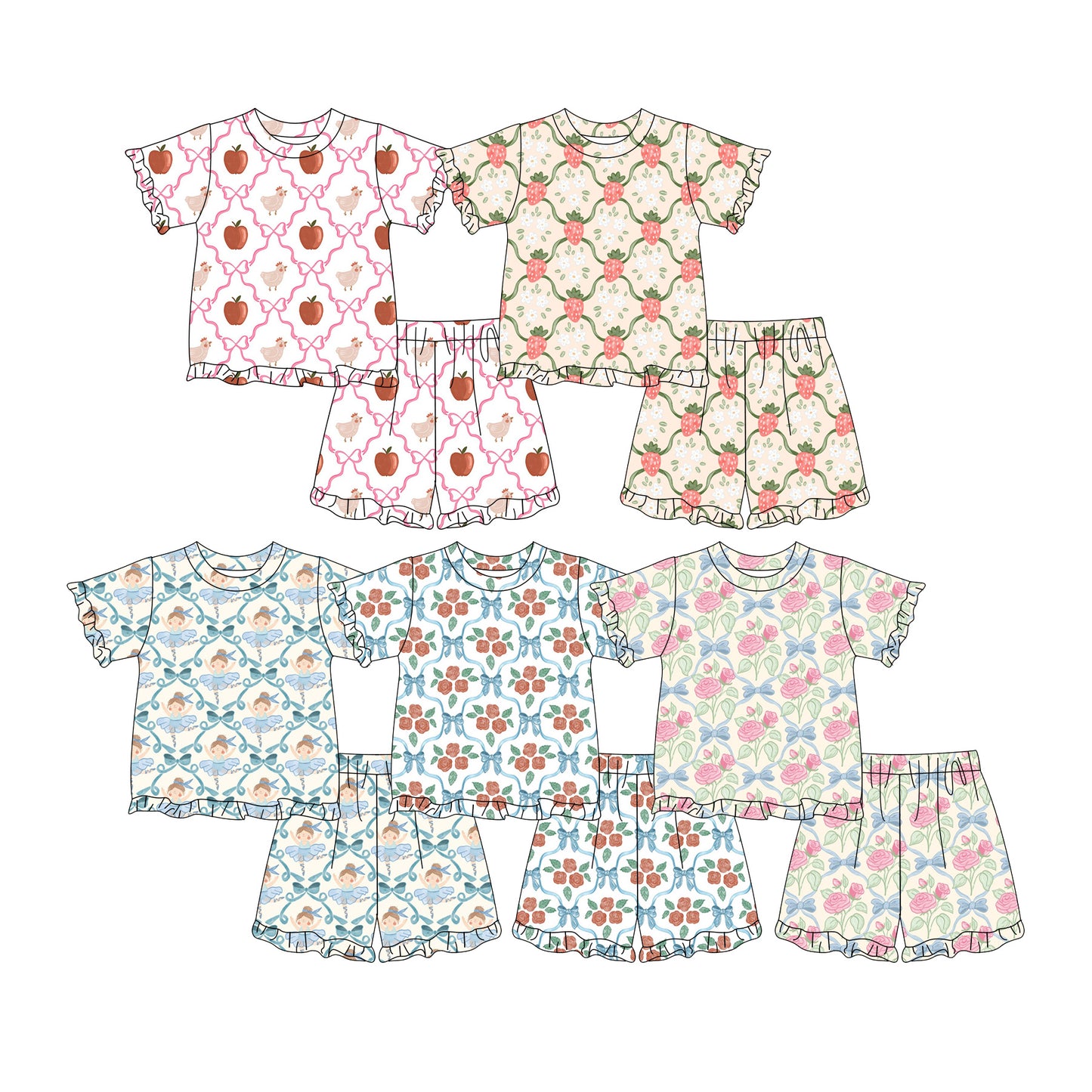 Custom moq 5 mix size Sibling Baby Girl's Print Short-Sleeved Top And Shorts Set Cute And Comfortable Outfit for Little Ones