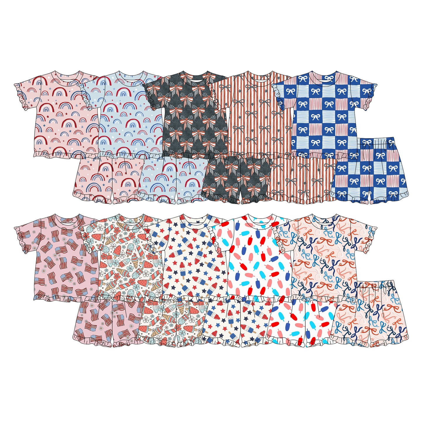 Custom moq 5 mix size Sibling Baby Girls Printed Short-Sleeved 4th of July Pajama Set with Top And Shorts Comfortable Sleepwear for Little Ones