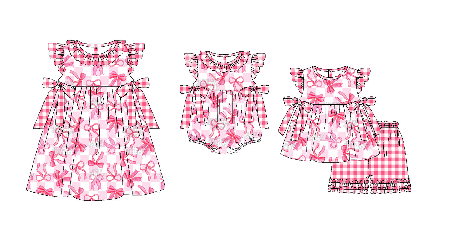 11.20 custom each style moq 5eta 4-6week Sibling Sister bow pink baby girl short sleeve shorts sets and dress and rompers match family design