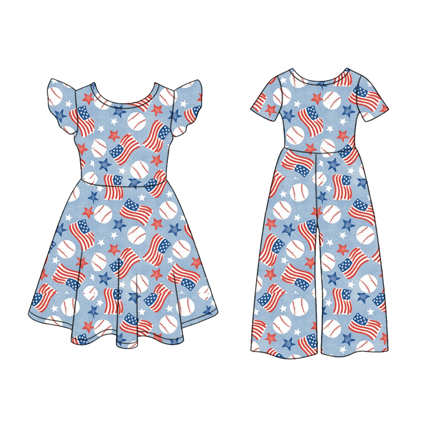 3.5 Custom moq 5 mix size Sibling Baby Girl's 4th of July Flutter Sleeve Dress And Matching Short-Sleeved Jumpsuit Outfit Set
