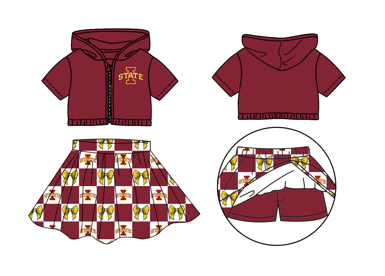 Custom moq 3 or 5 mix size milk silk summer teams baby girl clothes bow dark red zipper hooded short sleeve shorts skirts sets-26.1.24