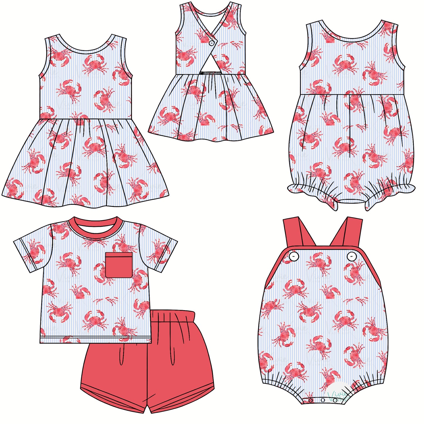 25.12.12 custom each style moq 5 eta 6-8week Sibling Sister crabs baby short sleeve shorts sets and dress and romper 2 match design