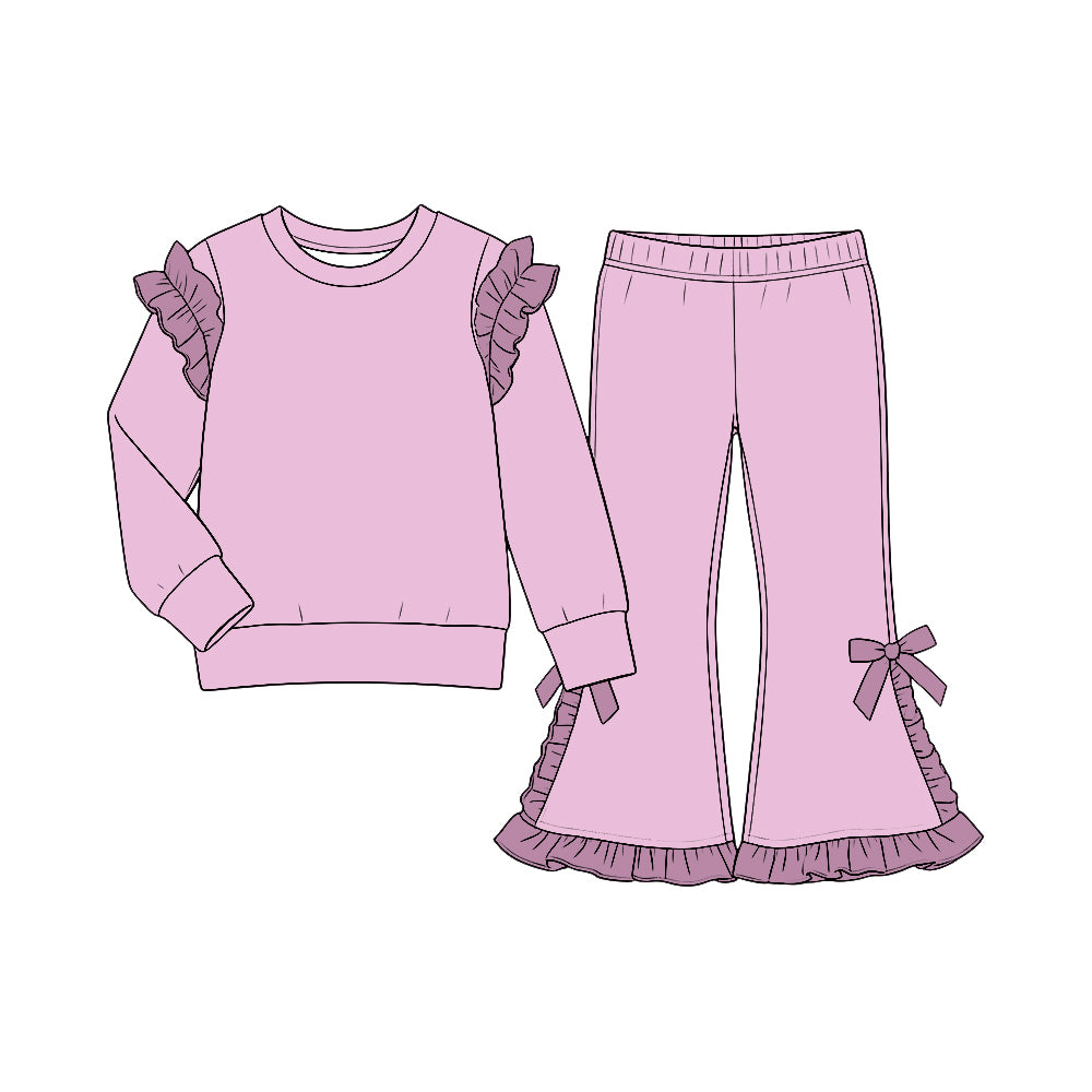custom moq 5 mix size Baby Girls Ruffle Light Pink Long Sleeve Top And Flare Pant With Bows Set