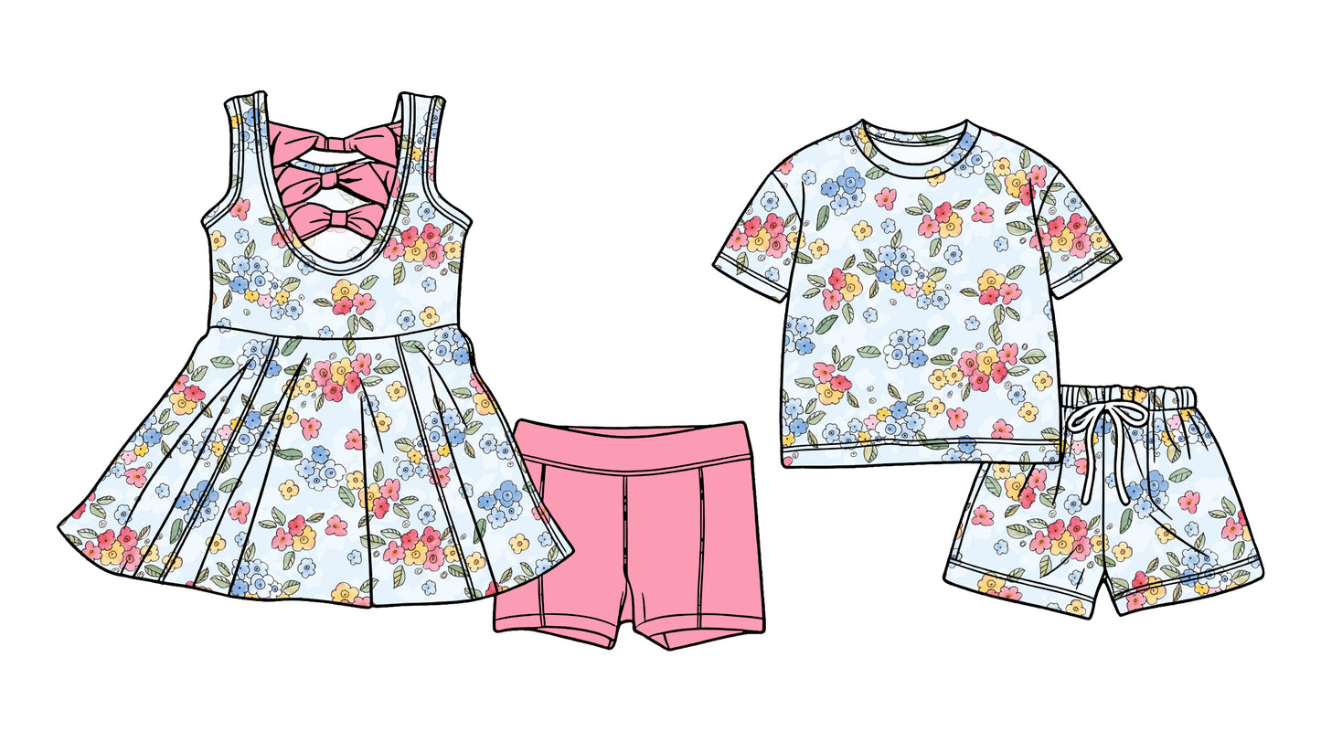 Custom moq 5 mix size Sibling Baby Girl pink Sleeveless Yoga Dress And Shorts Outfit Short Sleeved Top And Shorts Set