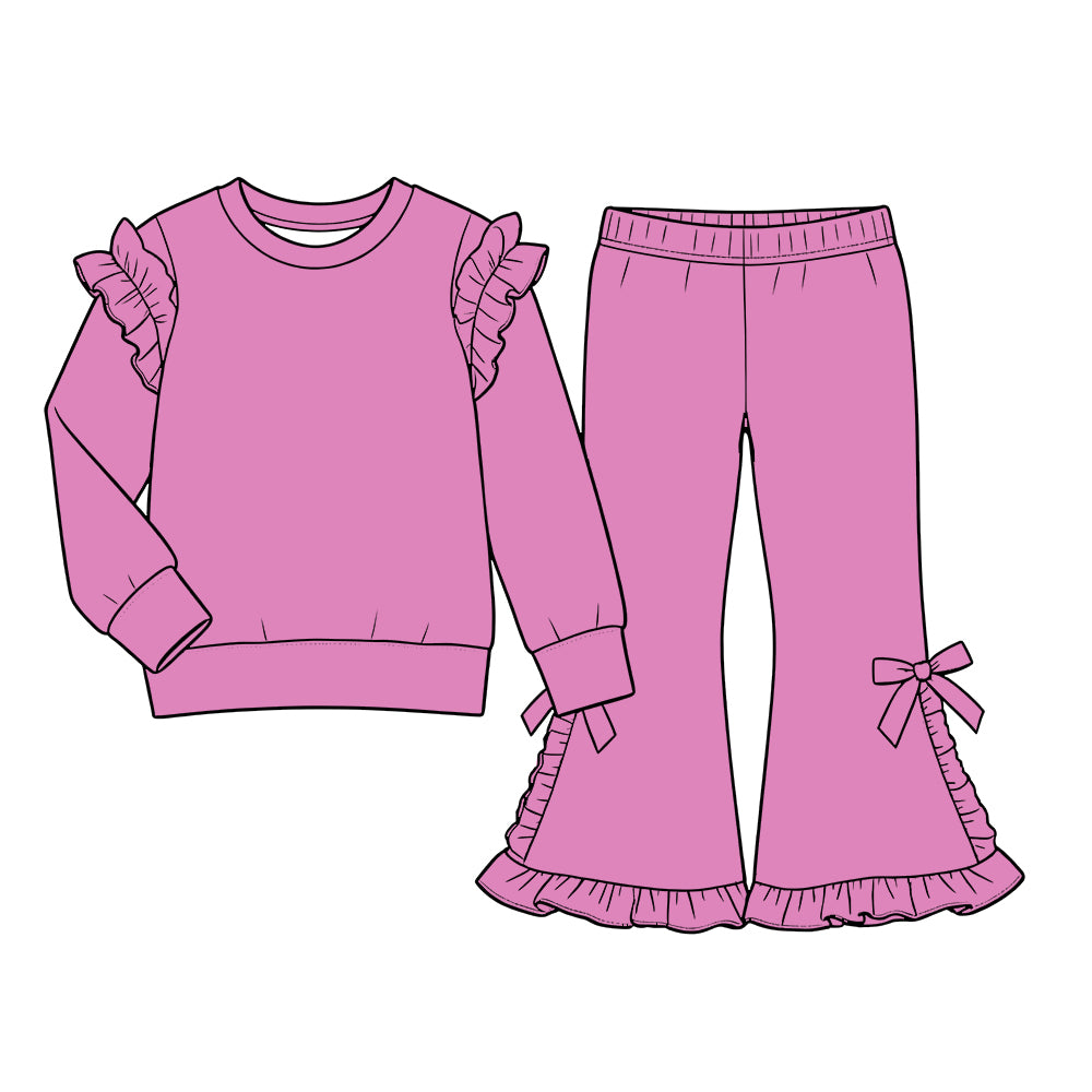 Custom moq 5 cotton fabric girls ruffle sets solid color blank Dusty pink long-sleeved sweatshirt with ruffled trim and matching slightly flared trousers featuring side bows