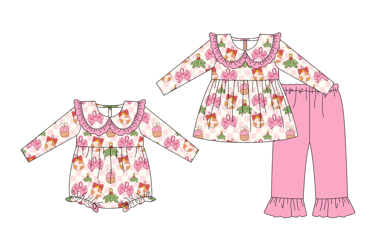 25.6.30 custom each style moq 5eta 4-6week Sibling Sisters bow pink baby girl long sleeve pants sets and rompers match family design