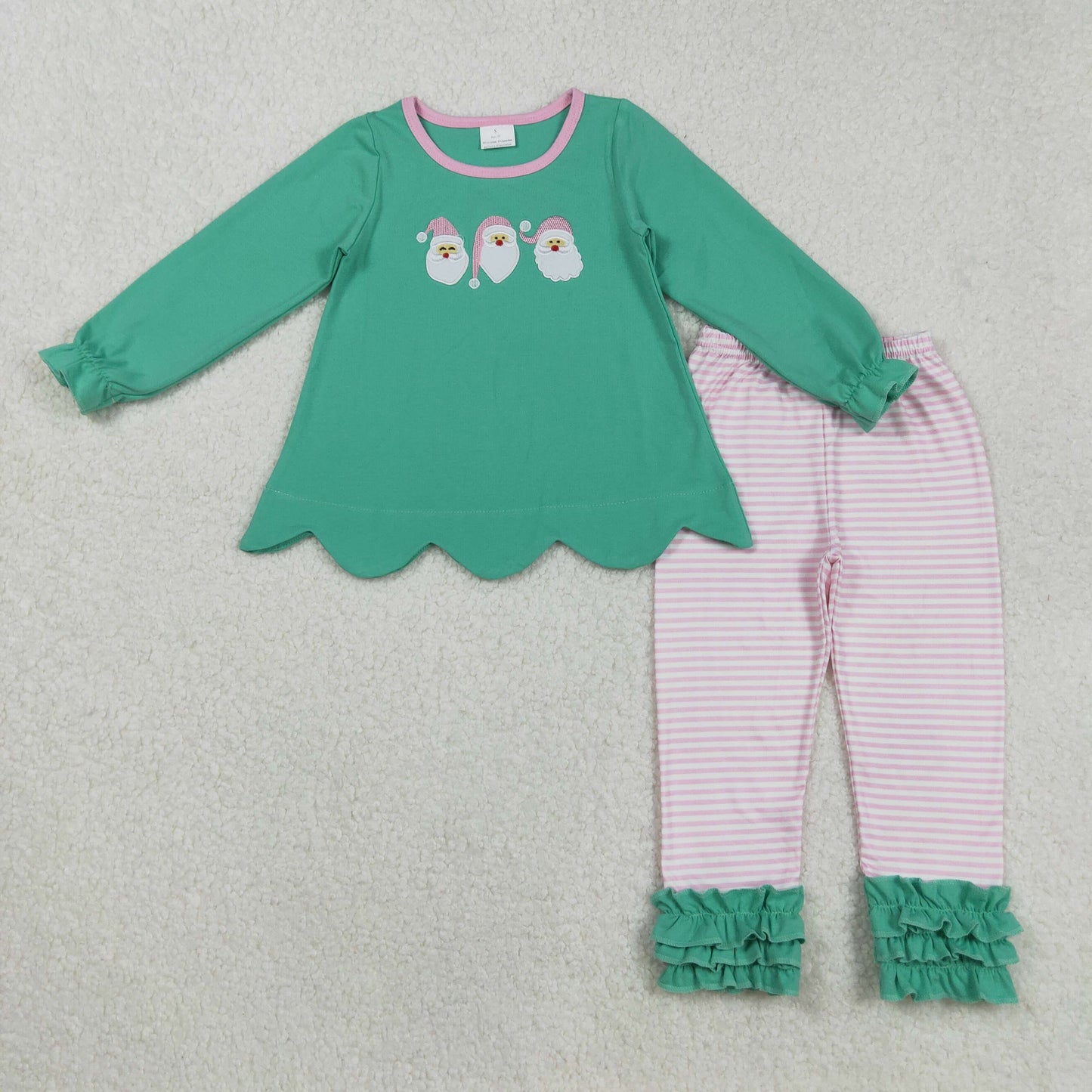 RTS NO MOQ(In Stock) GLP2575 Embroidered Santa Claus Green Long-Sleeve Pink Striped Pantsuit