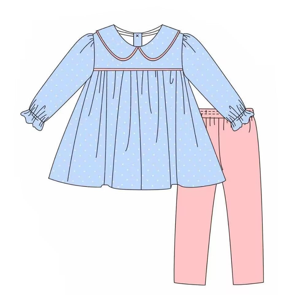 Custom moq 5 eta 6-8weeks baby girls clothes blue and pink Long Sleeve long pants outfits
