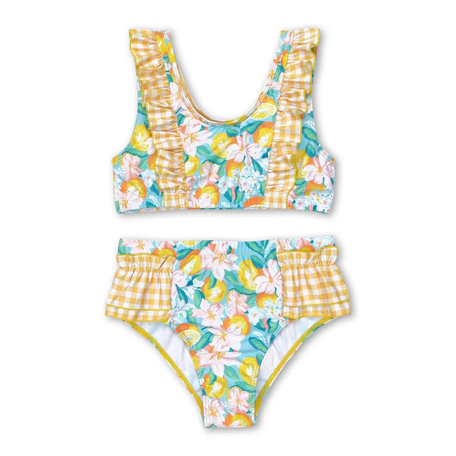 RTS NO MOQ Sibling Baby Girls Summer Pink Flowers Top Ruffle Bottom Swimsuits