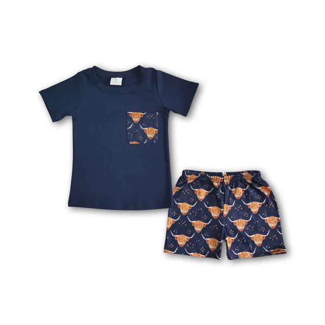 BSSO0035 Baby boys black top western highland pocket shorts sets