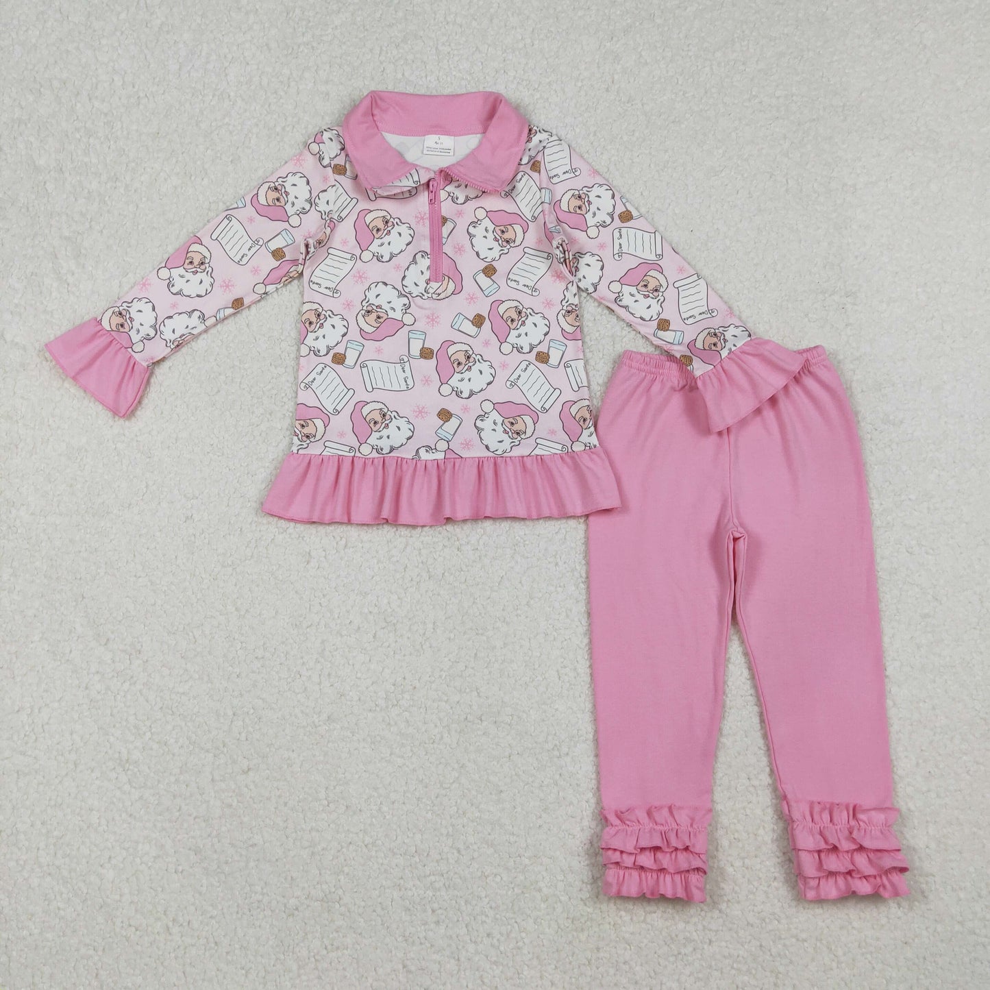 12/18m-7/8t RTS NO MOQ(In Stock) GLP2750 Pink Santa Claus Snowflake Milk Cookie Zippered Long-sleeved Pants Set