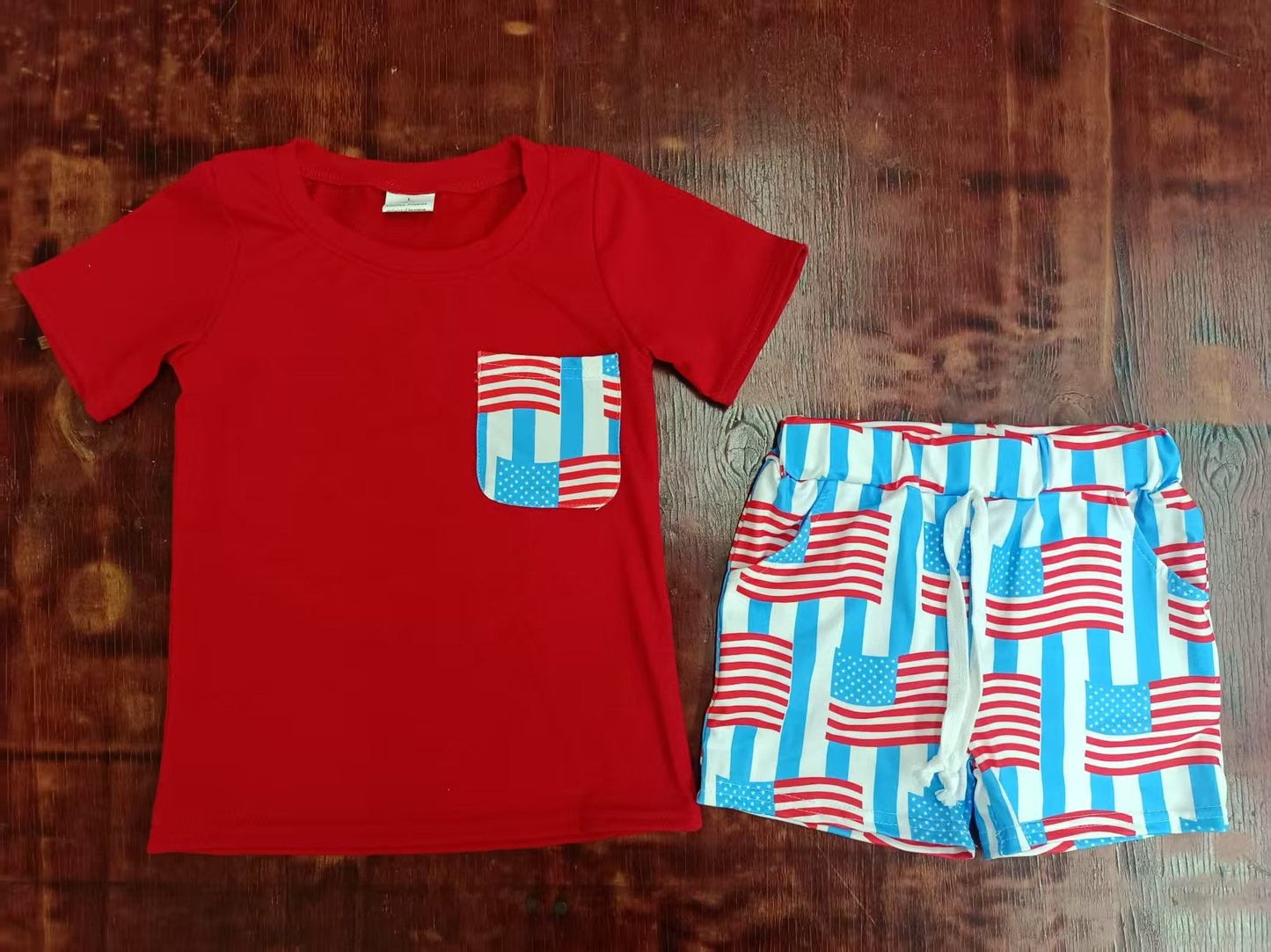 Custom moq 3 eta 6-7weeks baby boys clothes flag red short Sleeve shorts sets