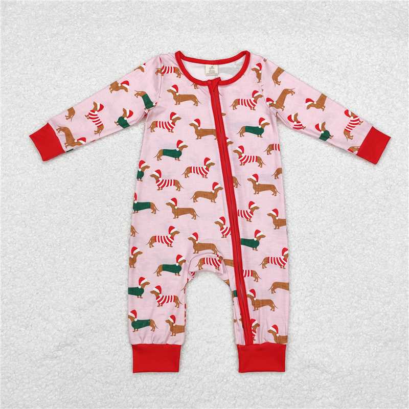 Baby Kids Christmas Dachshund Collection - Red Ruffle Pajama Set & Zipper Romper