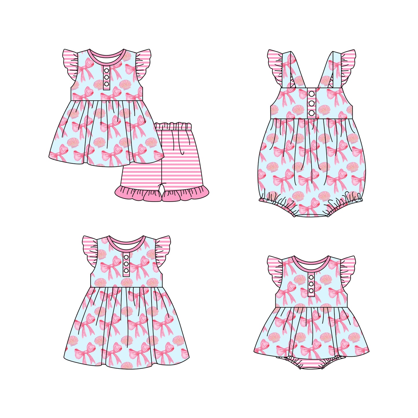 11.21 custom each style moq 5eta 4-6week Sibling Sister bow baby girl short sleeve shorts sets and girls romper and boy romper and dress match design
