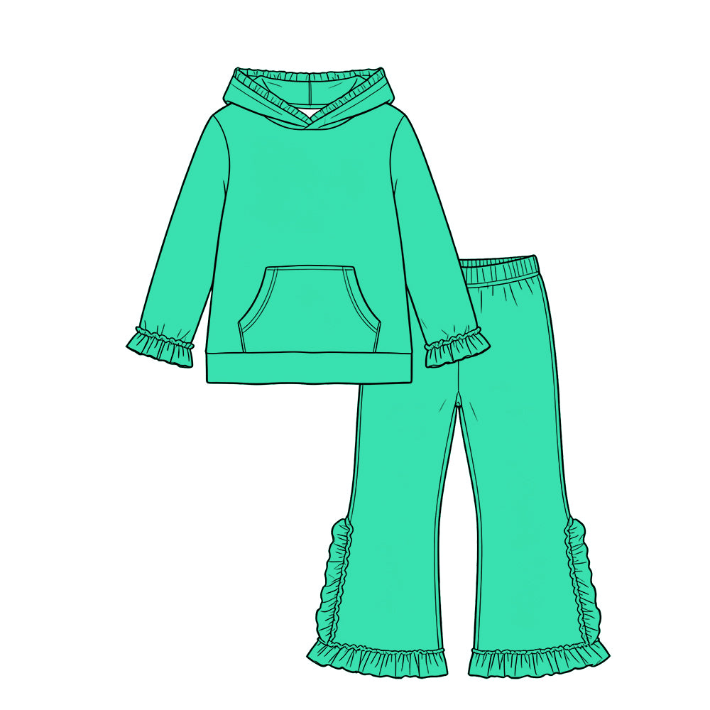 Custom moq 5 girls Blank Cotton Fabric hooded long-sleeve top and pants set Mint green long-sleeved top and pants set with hood and lace detailing