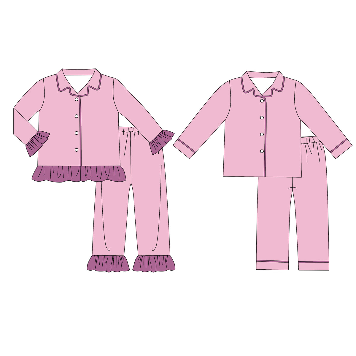 custom moq 5 mix size Baby Boys And Girls Light Pink Long Sleeve Collared Button Down Pant Pajama Set Kids Sleepwear Set